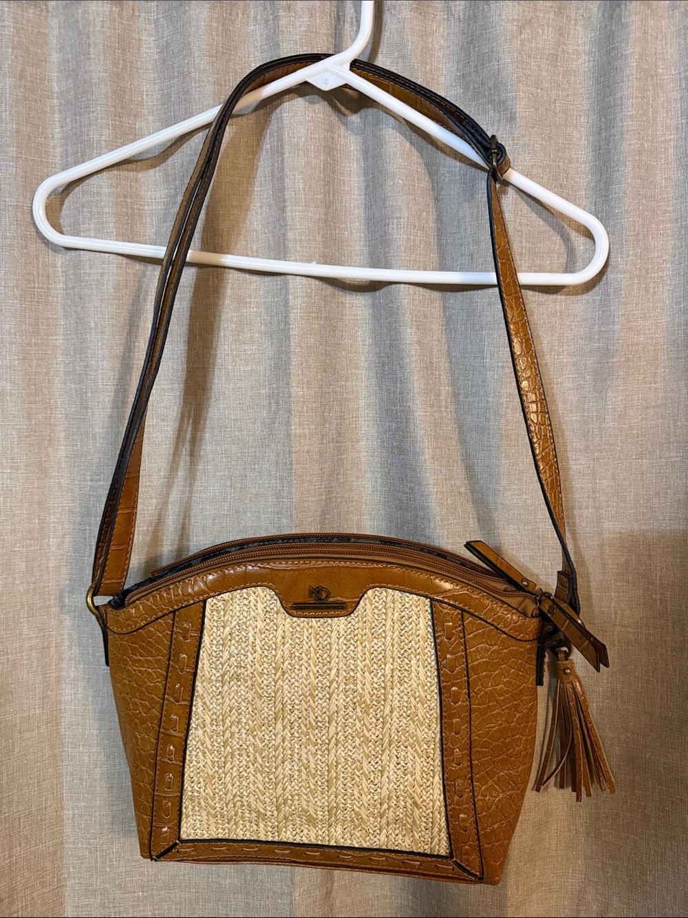 new directions Tan Woven-Front Crossbody Bag with Tassel